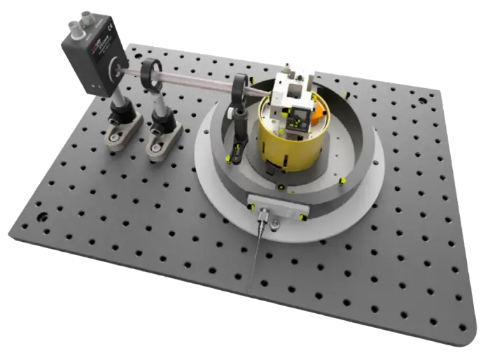 Schematic of Qlibri’s microcavity platform showing fiber-based concave mirror and planar sample mirror forming a high-finesse Fabry–Pérot resonator with vibration isolation and tunable alignment.