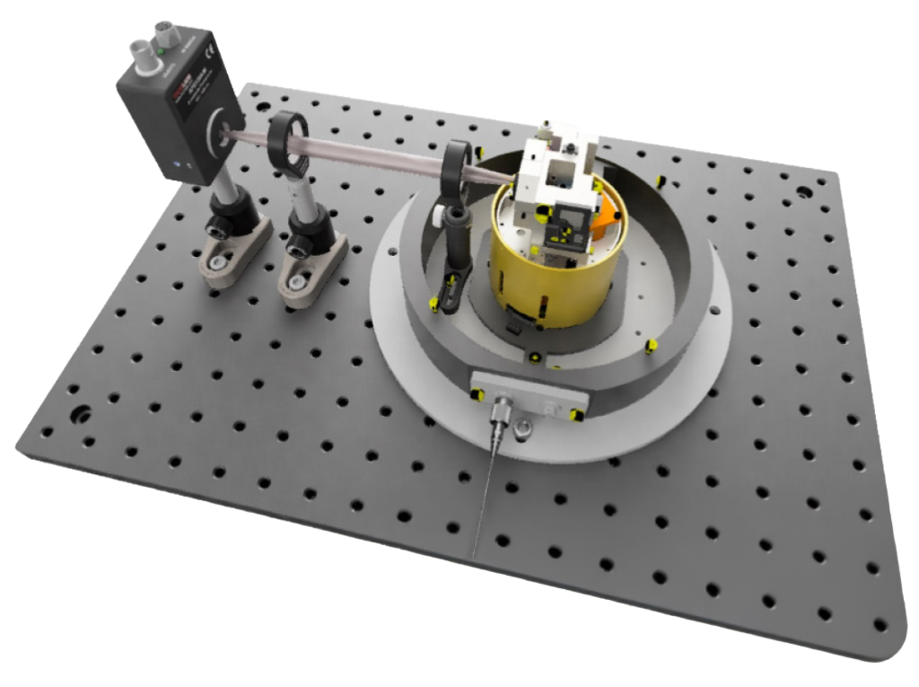 Schematic of Qlibri’s microcavity platform showing fiber-based concave mirror and planar sample mirror forming a high-finesse Fabry–Pérot resonator with vibration isolation and tunable alignment.